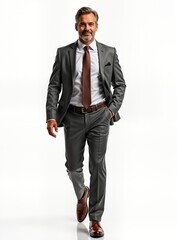 Fototapeta premium Confident businessman walks confidently. Wears grey suit, brown shoes. Stylish, successful. Studio shot against white background. Pro, elegant. Businessman in motion. Walking forward with