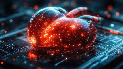 Glowing digital heart on circuit board, futuristic tech background