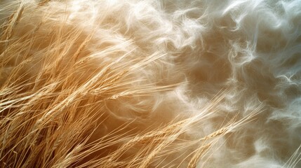 Golden wheat sways gracefully as ethereal mist threads through the air, creating a dreamlike, golden serenity.