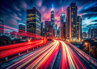 Obraz premium Panoramic Night Cityscape with Dynamic Red Light Streaks - Abstract Background