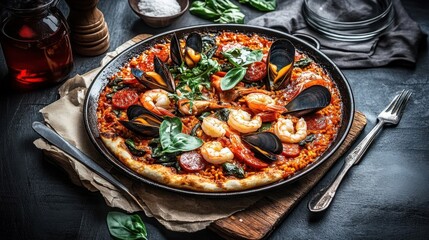Seafood Paella in Cast Iron Skillet.