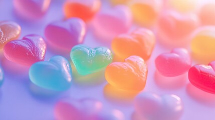 Heart-shaped gummies in various colors arranged in a close up view on a light surface