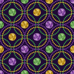 Geometric beaded pattern with coin in center of grid cells. Overlapping interlaced intersecting circular grid, ornament. Decoration for Mardi Gras carnival. Vintage style