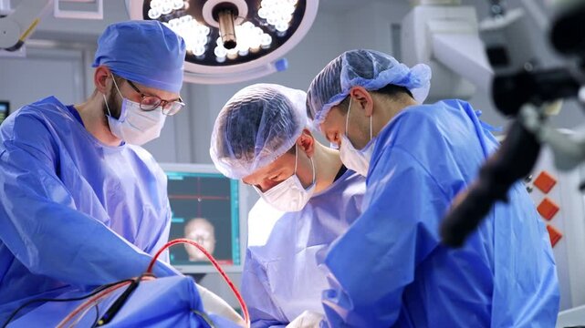 Three doctors cooperate at neurosurgery. Professional medical team perform surgery on brain.