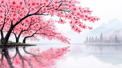 serene landscape featuring cherry blossom trees reflecting on calm water, with mountains in background