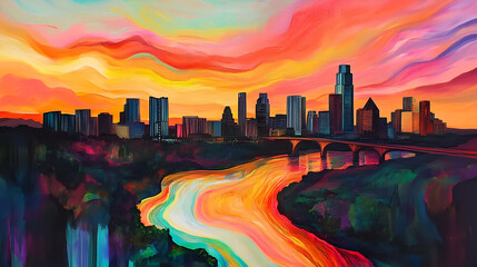 
vibrant sunset over Austin’s skyline with the Colorado River.
