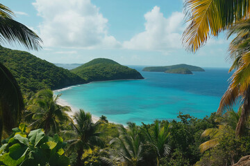Fototapeta premium A vibrant coastal scene with lush palm trees and turquoise waters.