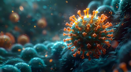 Obraz premium Microscopic view of virus cell with orange spike proteins floating in blue cellular environment, medical science illustration for healthcare and disease research.