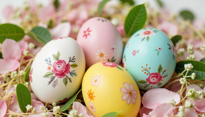 Fototapeta premium Decorative Easter eggs with floral designs on soft petals