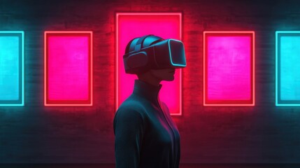 Fototapeta premium A person wearing a virtual reality headset stands in front of glowing neon frames, creating a futuristic and immersive atmosphere.