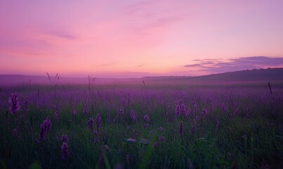 Naklejka premium Purple flowers, tall grass, hills, and pink sky.