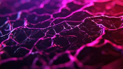 A vibrant, abstract  featuring interconnected lines in purple and pink hues, resembling a network or web-like structure.