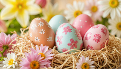 Decorated Easter eggs in a nest surrounded by flowers
