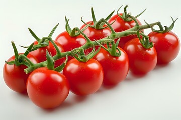 Fresh ripe cherry tomatoes on vine against white background, perfect for food packaging, restaurant menus, and healthy lifestyle marketing materials.