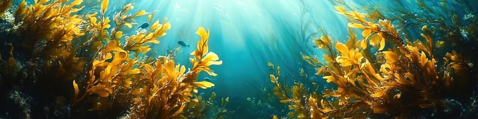 Fototapeta na wymiar In the deep sea, golden seaweed grows in dense thickets and shines with sunlight. 
