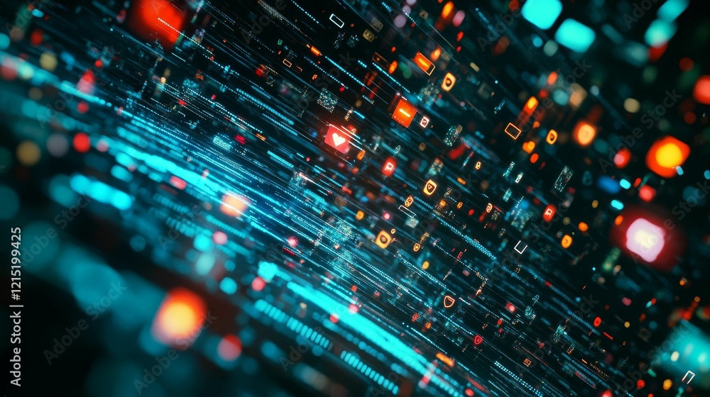 Poster abstract digital data streams with glowing icons.