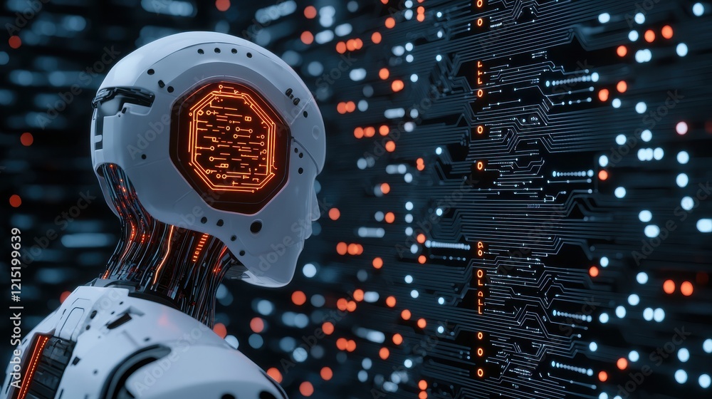 Aufkleber a futuristic robot with a glowing head examines a digital interface filled with intricate circuits a