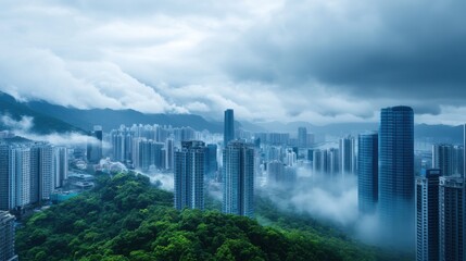 Urban Landscape with Skyscrapers and Misty Mountains Under Cloudy Sky in Modern City Environment