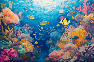 Obraz premium A vibrant underwater scene filled with exotic fish and coral reefs. 