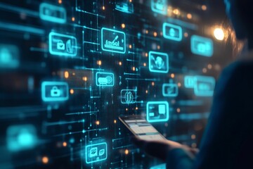 Person holding phone with glowing digital icons.