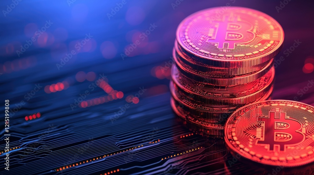 Poster a close-up of shiny bitcoin coins stacked on a digital circuit background, illuminated with red and 