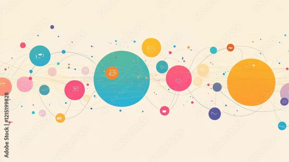 Poster colored circles connected with curved lines float.