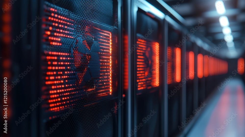 Poster a dimly lit server room featuring rows of high-tech equipment with glowing red indicators, emphasizi