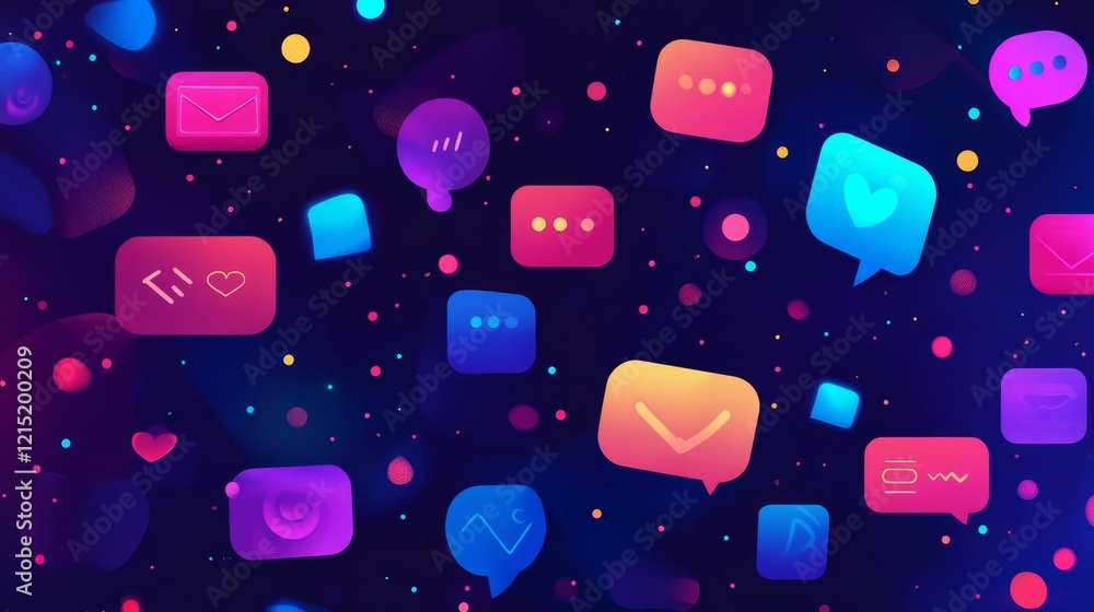Aufkleber glowing colorful communication icons float in dark space.