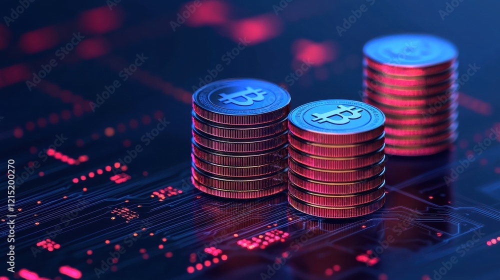 Poster a futuristic display of stacked bitcoin coins on a digital circuit background, symbolizing cryptocur