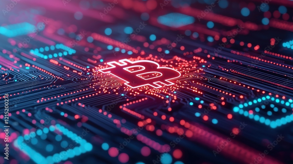 Poster a vibrant digital representation of bitcoin, showcasing glowing circuitry and a network of interconn