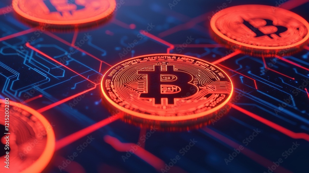 Poster a vibrant digital representation of bitcoin coins against a high-tech background, illustrating the c