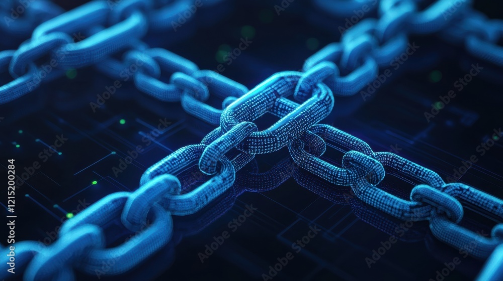 Poster a close-up of interconnected blue digital chains on a dark background, symbolizing security and bloc