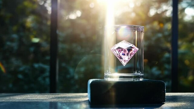 Pink gemstone in glass display with forest background for elegance, luxury and beauty. Sparkling crystal in natural sunlight for refinement and inspiration