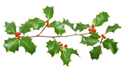 Vibrant Holly Branch with Glossy Green Leaves and Red Berries