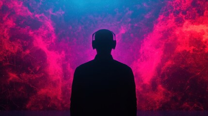 A silhouette of a person wearing headphones stands against a vibrant, colorful cosmic background, creating a sense of immersion in music and exploration.