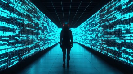 Obraz premium A figure stands in a futuristic corridor illuminated by vibrant blue lights, surrounded by digital patterns, creating a high-tech atmosphere.