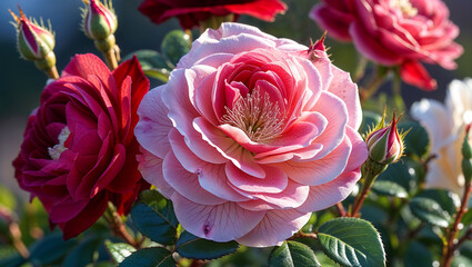Shrub Rose with its lush layered petals in shades of red, pink, or white