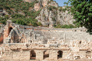 The ancient steps of Greek amphitheater at the ancient City in Antalya Province, Turkey