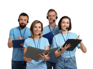 Technical support call center. Team of friendly operators working on white background
