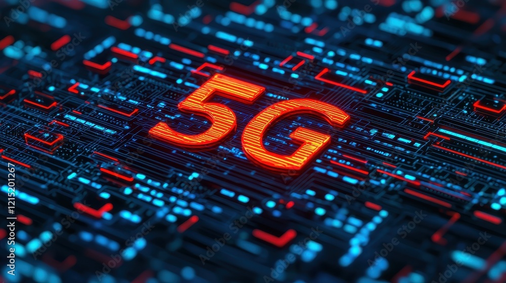 Poster a vibrant digital representation of the 5g network, showcasing interconnected technology with glowin