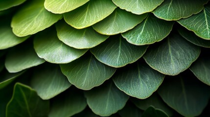 Naklejka premium Close-up of vibrant green leaves arranged in a perfect pattern, showcasing nature's intricate design and lush textures.