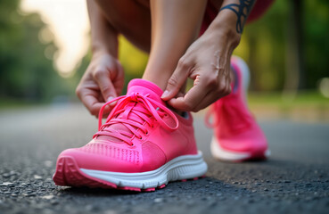 Woman tying laces of pink running shoes outdoors. Ready to run in marathon. Pink shoes symbol of breast cancer awareness campaign. Woman prepared for fitness, sports activity. Outdoor scene, day