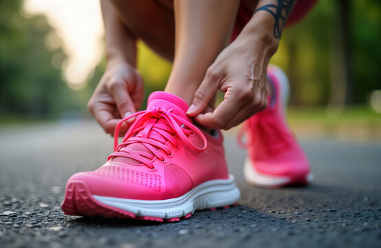 Woman tying laces of pink running shoes outdoors. Ready to run in marathon. Pink shoes symbol of breast cancer awareness campaign. Woman prepared for fitness, sports activity. Outdoor scene, day