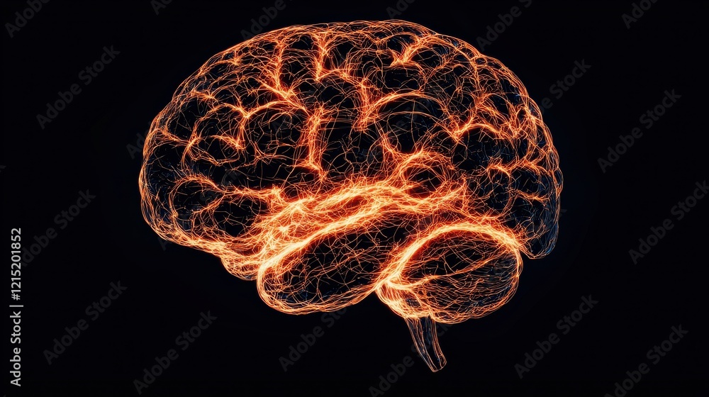 Poster an artistic representation of a brain illuminated with fiery, electric patterns against a dark backg