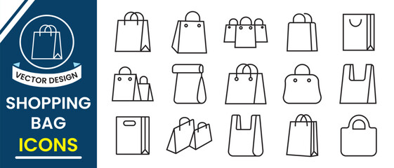 Shopping bags icon, vector set. Paper bags line icon, vector, silhouette. Package design, Grocery bag, Online Shop Symbol, Paper hand bag, gift bag illustration. Vector illustration.