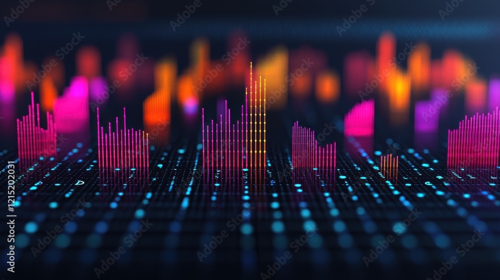 Poster a colorful digital soundwave visualization with vibrant bars representing audio frequencies against 