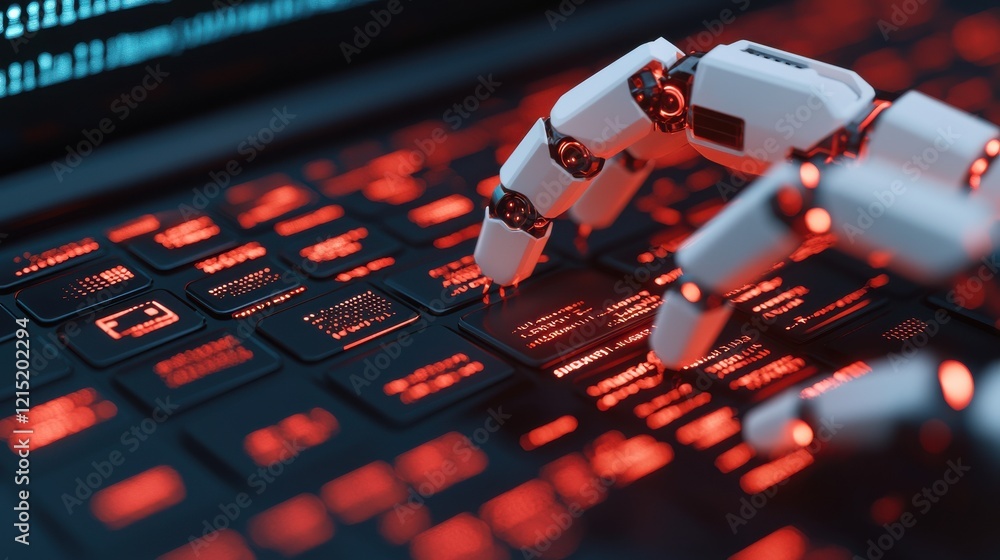 Poster a robotic hand types on a backlit keyboard, showcasing a blend of technology and artificial intellig