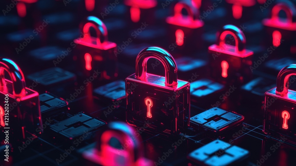 Poster a vibrant digital scene featuring multiple padlocks in a grid, illuminated with neon colors, symboli