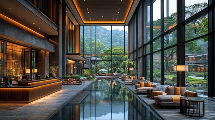 Luxurious hotel lobby pool, mountain view, Japan