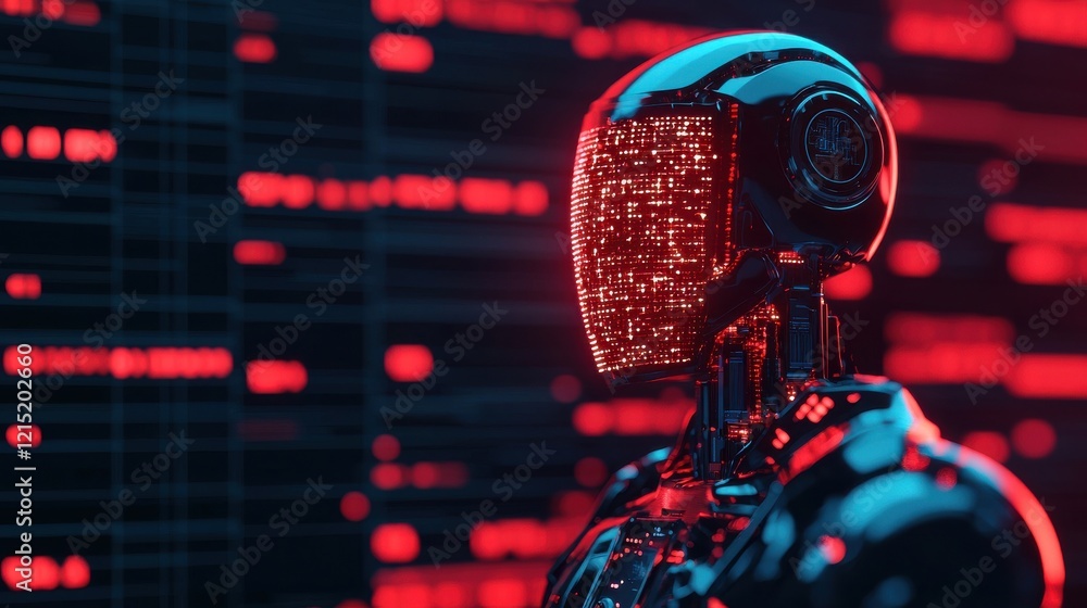 Poster a futuristic robot with a glowing, digital face is set against a backdrop of streaming red data.